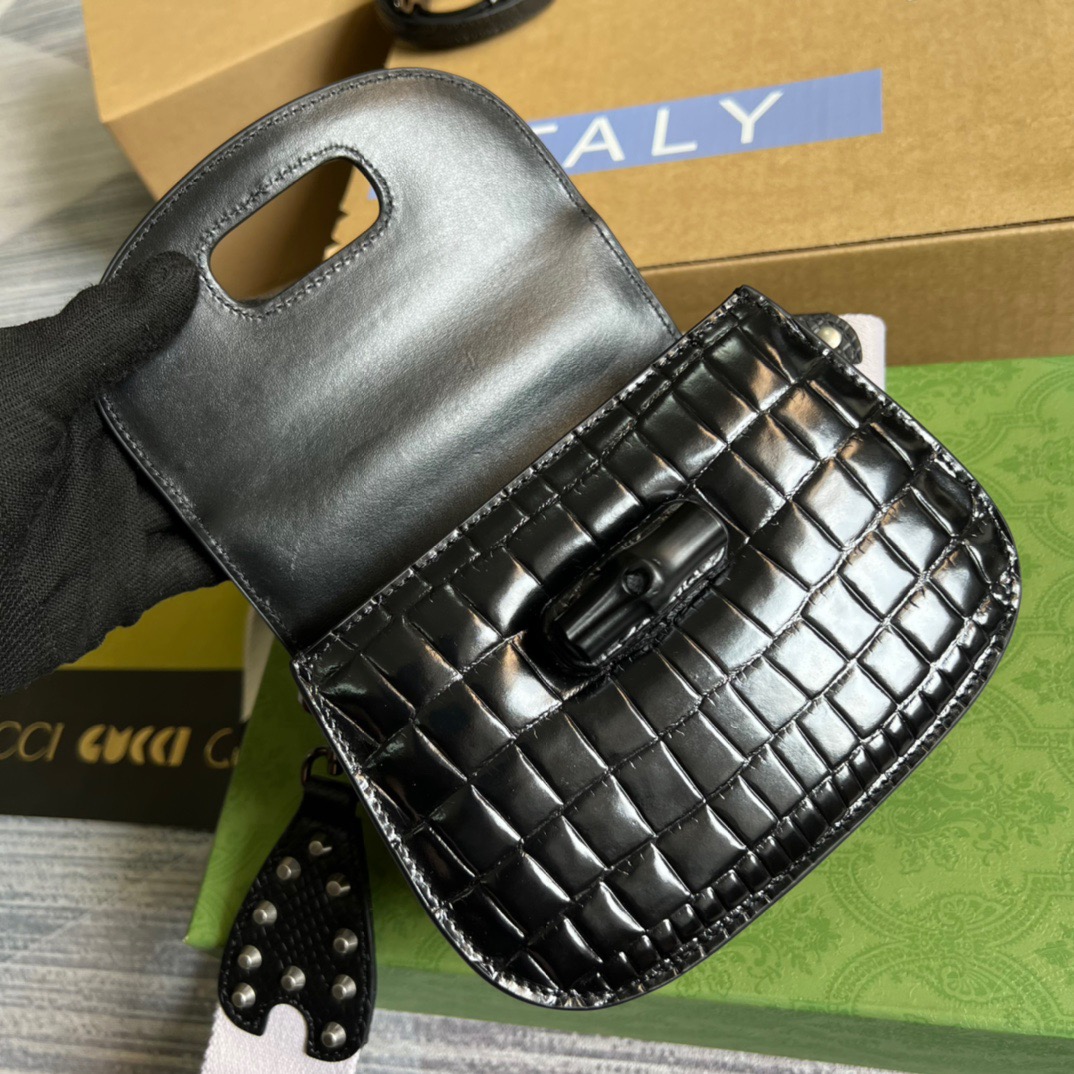 Gucci Bamboo 1947 Crocodile Mini Top Handle Blac Red For Women, Women’s Bags 6.7in/17cm GG