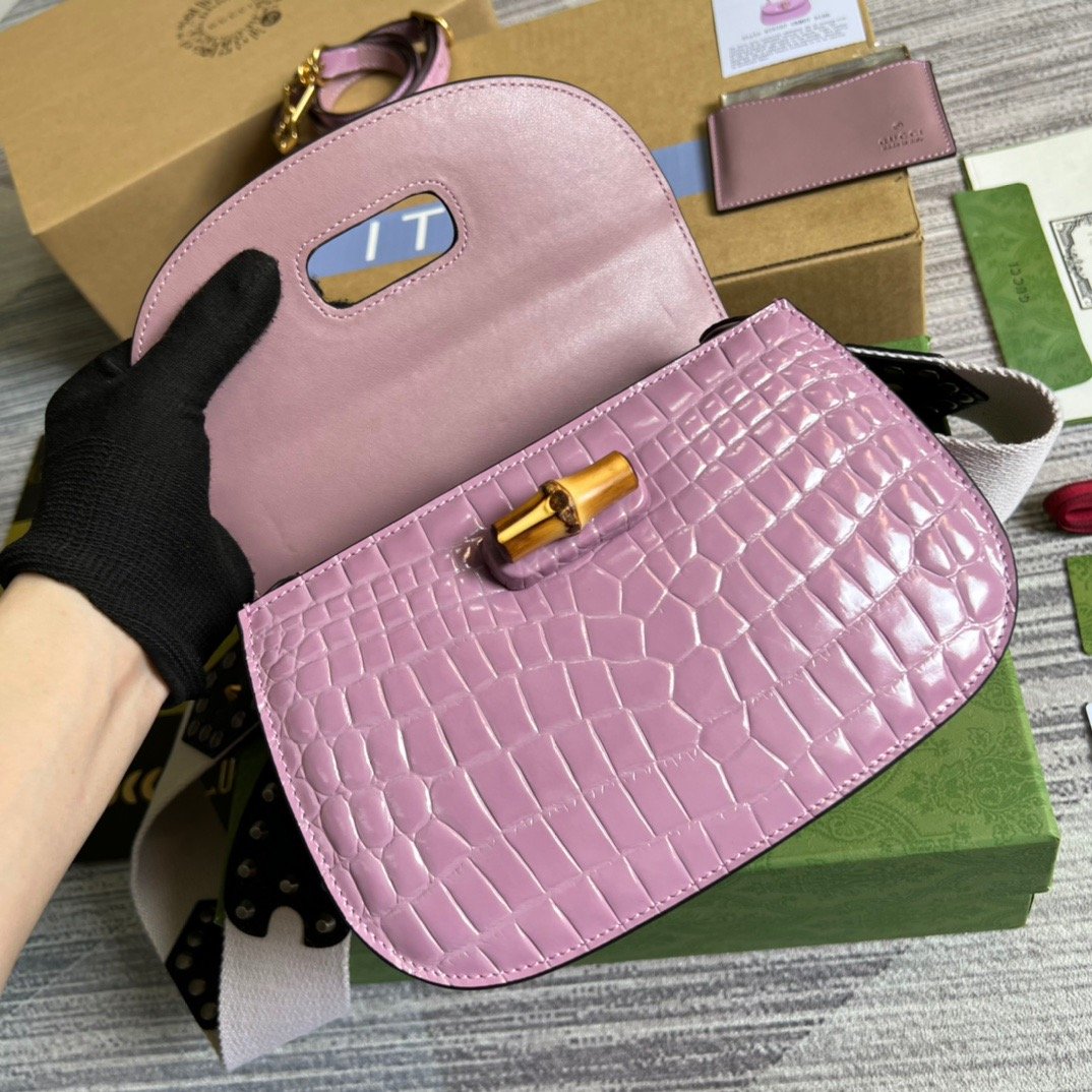 Gucci Bamboo 1947 Crocodile Top Handle Bag Pink For Women, Women’s Bags 10.2in/26cm GG