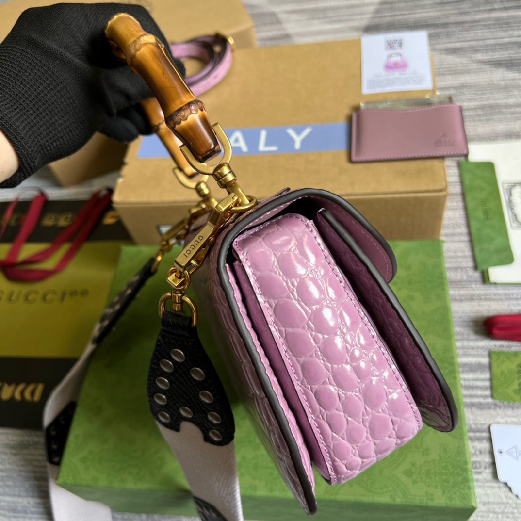Gucci Bamboo 1947 Crocodile Top Handle Bag Pink For Women, Women’s Bags 10.2in/26cm GG