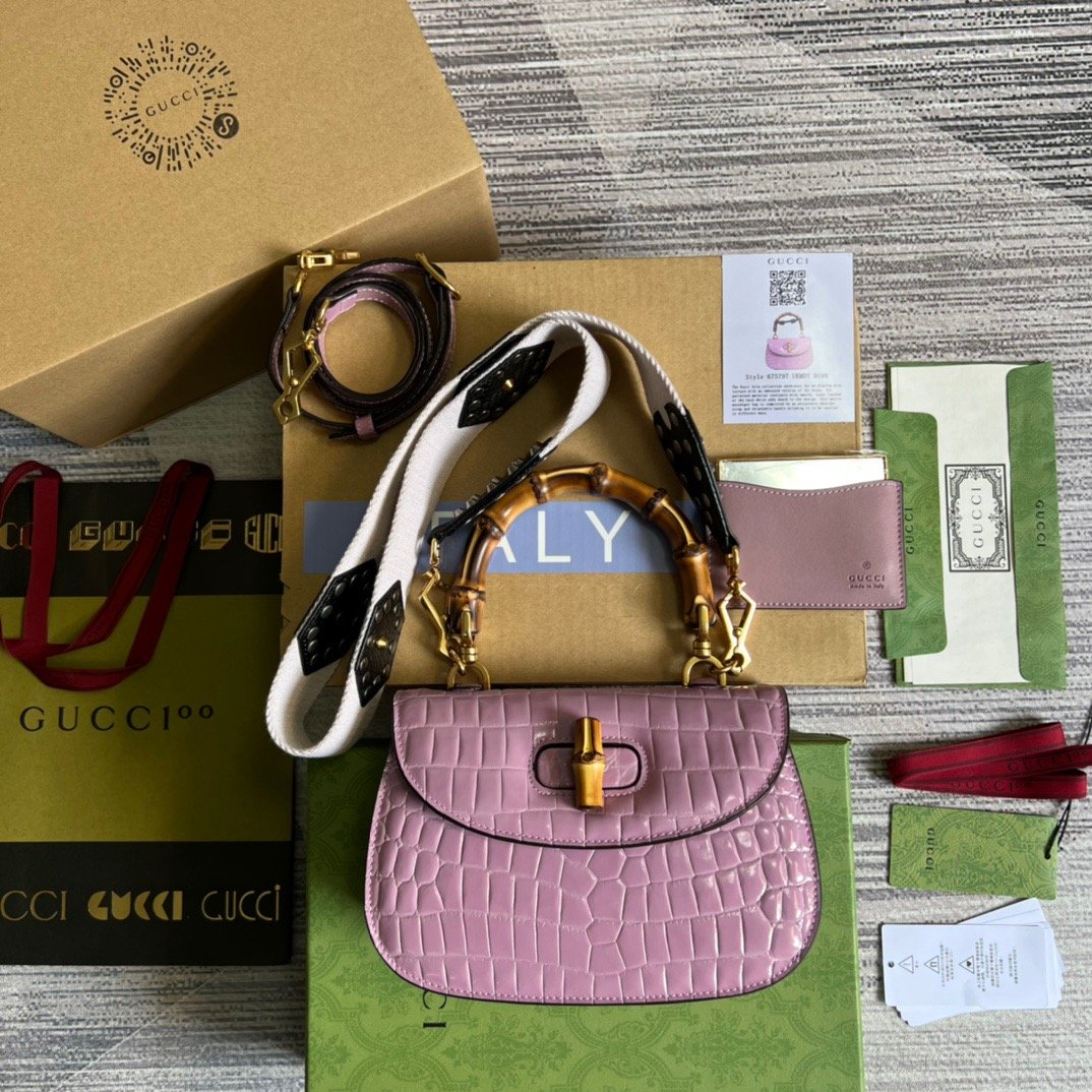 Gucci Bamboo 1947 Crocodile Top Handle Bag Pink For Women, Women’s Bags 10.2in/26cm GG