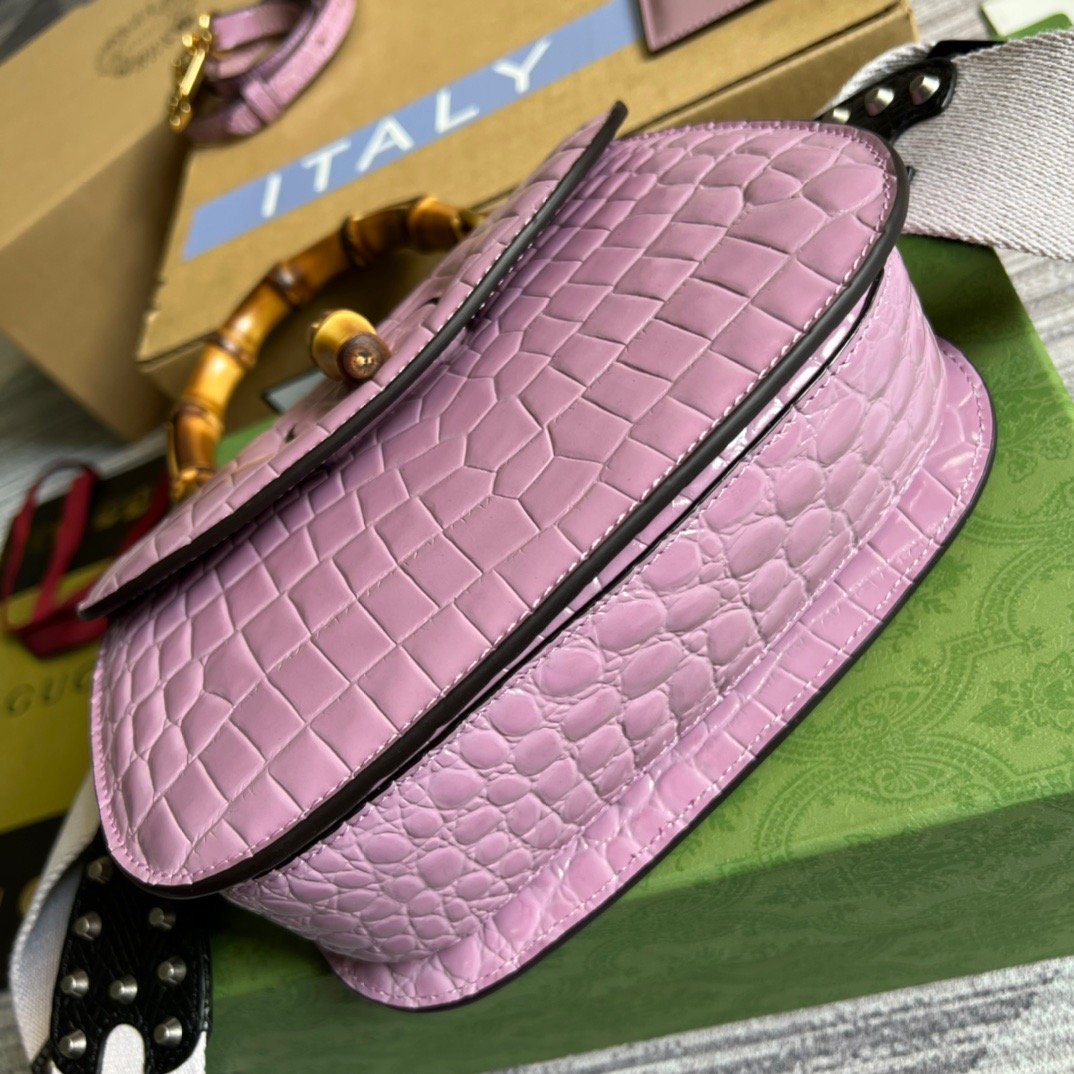 Gucci Bamboo 1947 Crocodile Top Handle Bag Pink For Women, Women’s Bags 10.2in/26cm GG