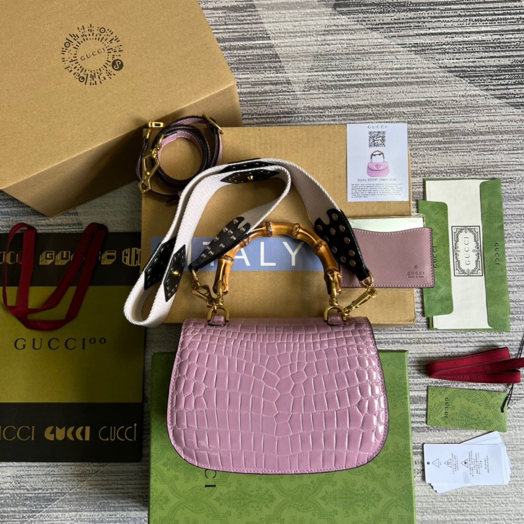Gucci Bamboo 1947 Crocodile Top Handle Bag Pink For Women, Women’s Bags 10.2in/26cm GG