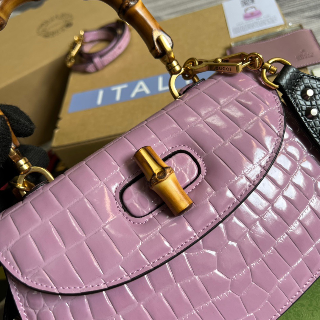 Gucci Bamboo 1947 Crocodile Top Handle Bag Pink For Women, Women’s Bags 10.2in/26cm GG