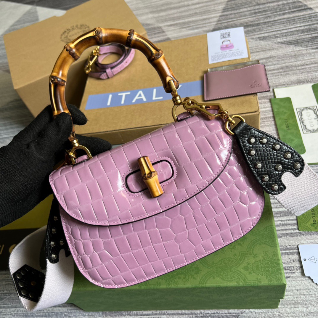 Gucci Bamboo 1947 Crocodile Top Handle Bag Pink For Women, Women’s Bags 10.2in/26cm GG