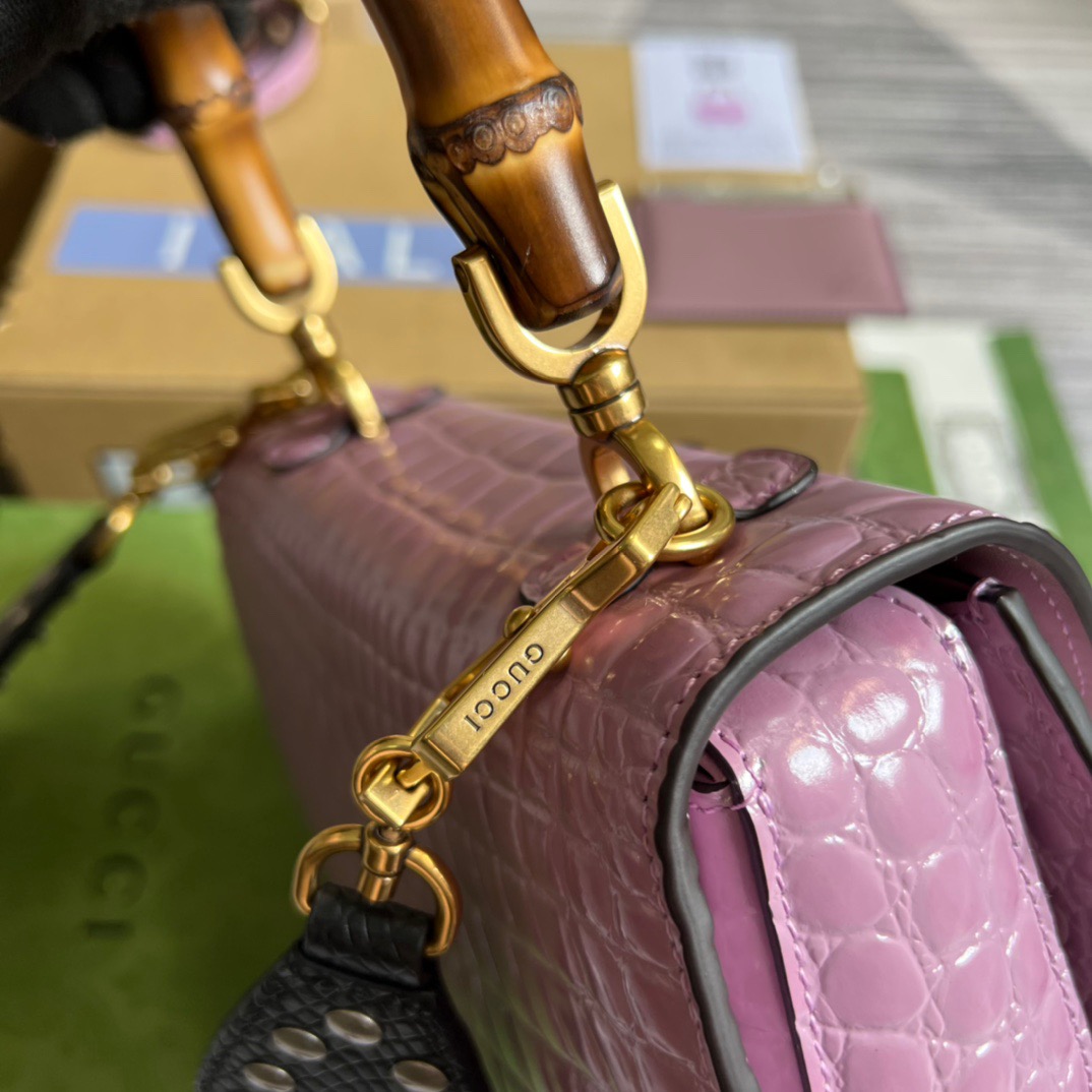 Gucci Bamboo 1947 Crocodile Top Handle Bag Pink For Women, Women’s Bags 10.2in/26cm GG