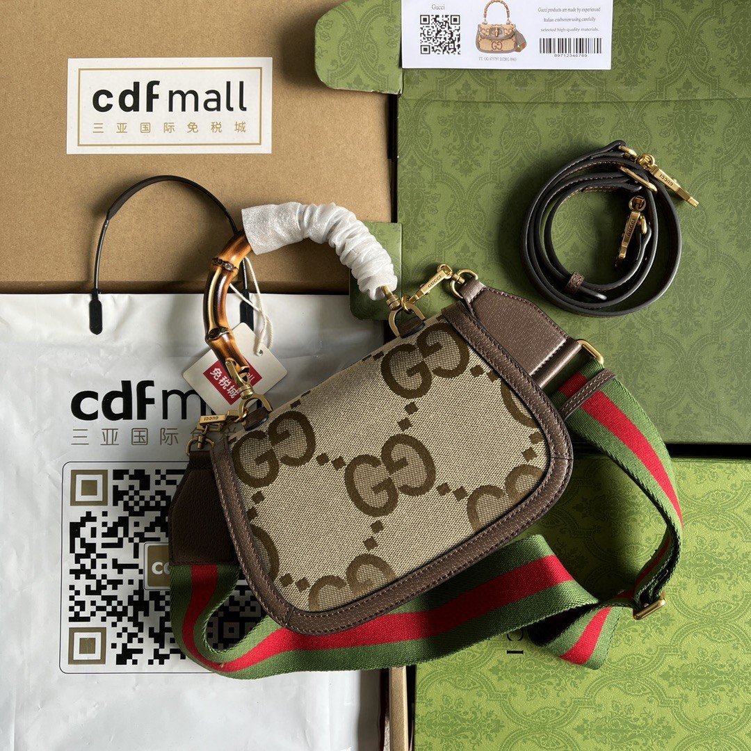 Gucci Bamboo 1947 Jumbo GG Small Top Handle Bag Camel And Ebony Jumbo GG Canvas Brown For Women 8.3in/21cm 675797 UKMDT 2570