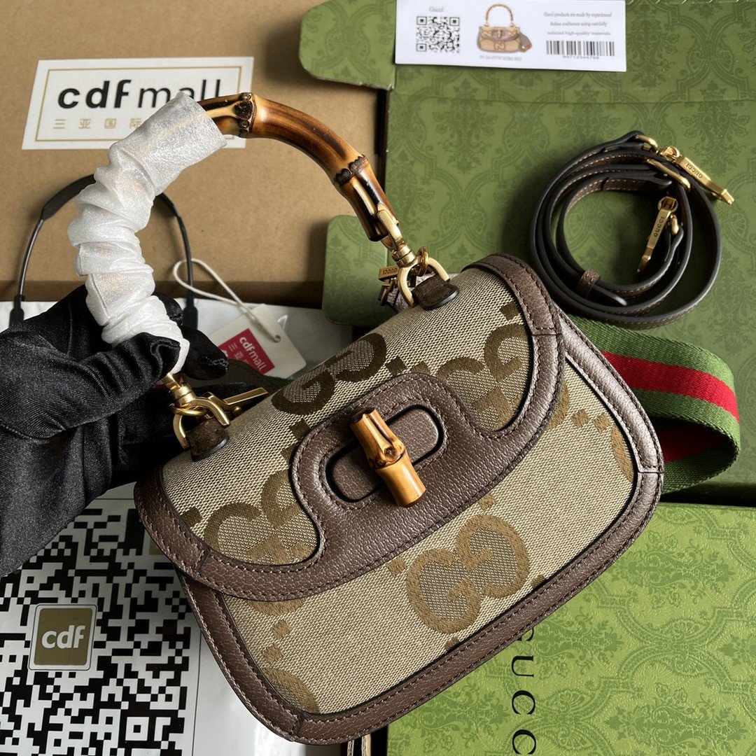 Gucci Bamboo 1947 Jumbo GG Small Top Handle Bag Camel And Ebony Jumbo GG Canvas Brown For Women 8.3in/21cm 675797 UKMDT 2570