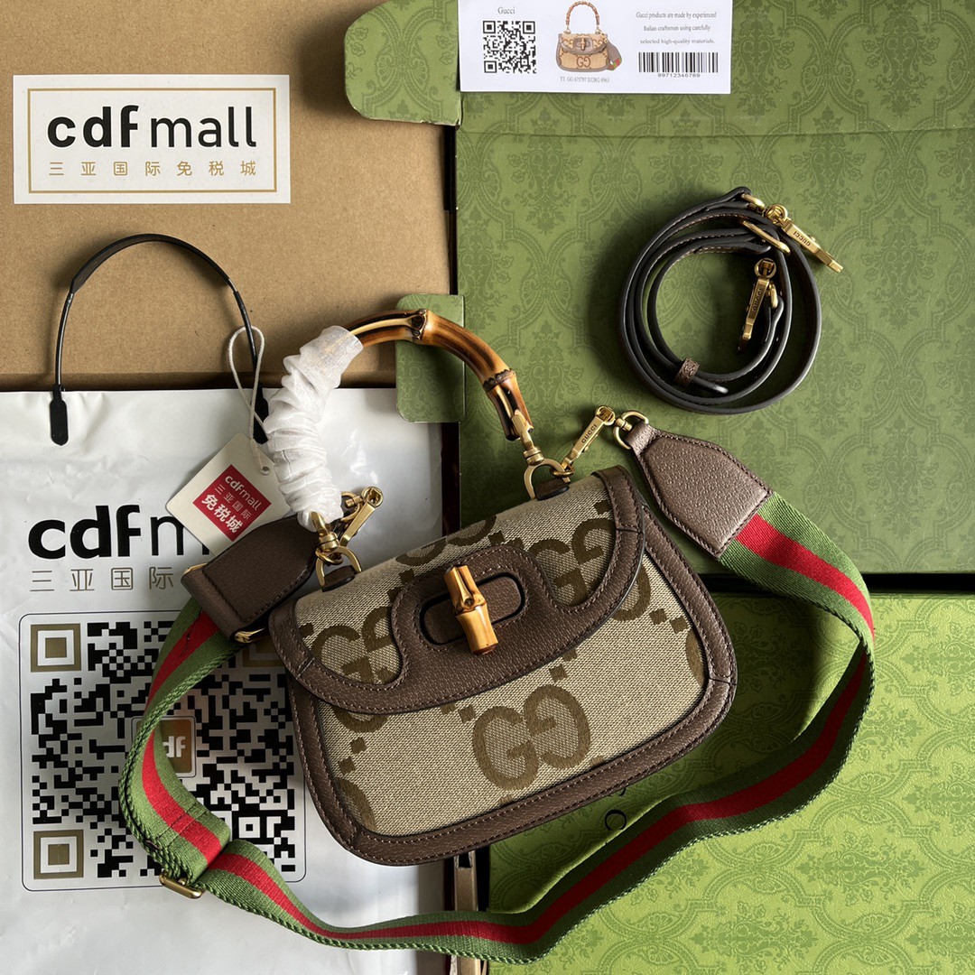 Gucci Bamboo 1947 Jumbo GG Small Top Handle Bag Camel And Ebony Jumbo GG Canvas Brown For Women 8.3in/21cm 675797 UKMDT 2570