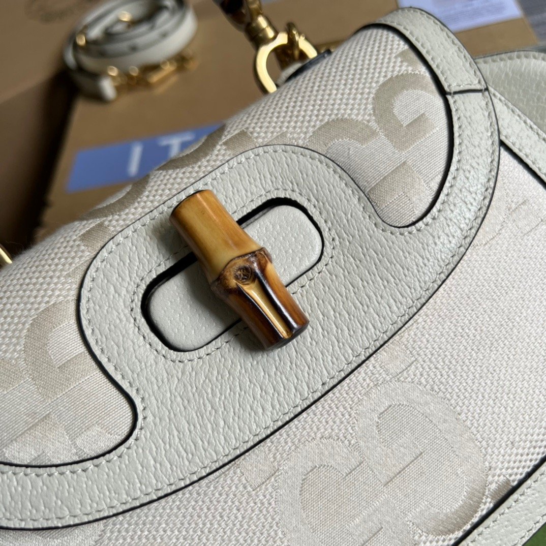 Gucci Bamboo 1947 Medium  Top Handle Bag White For Women, Women’s Bags 10.2in/26cm GG