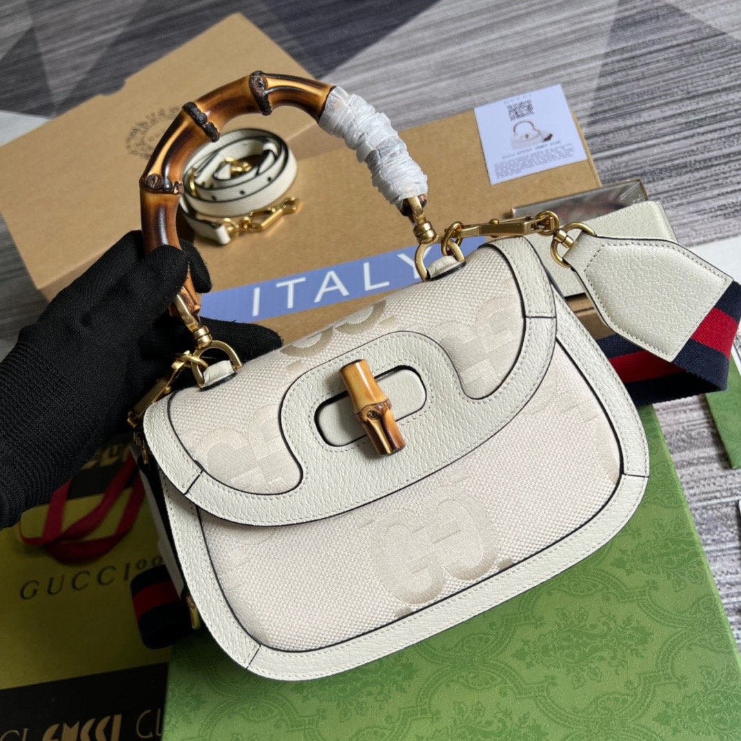 Gucci Bamboo 1947 Medium  Top Handle Bag White For Women, Women’s Bags 10.2in/26cm GG