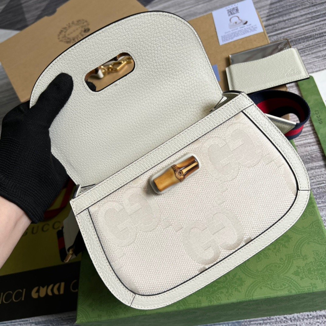Gucci Bamboo 1947 Medium  Top Handle Bag White For Women, Women’s Bags 10.2in/26cm GG
