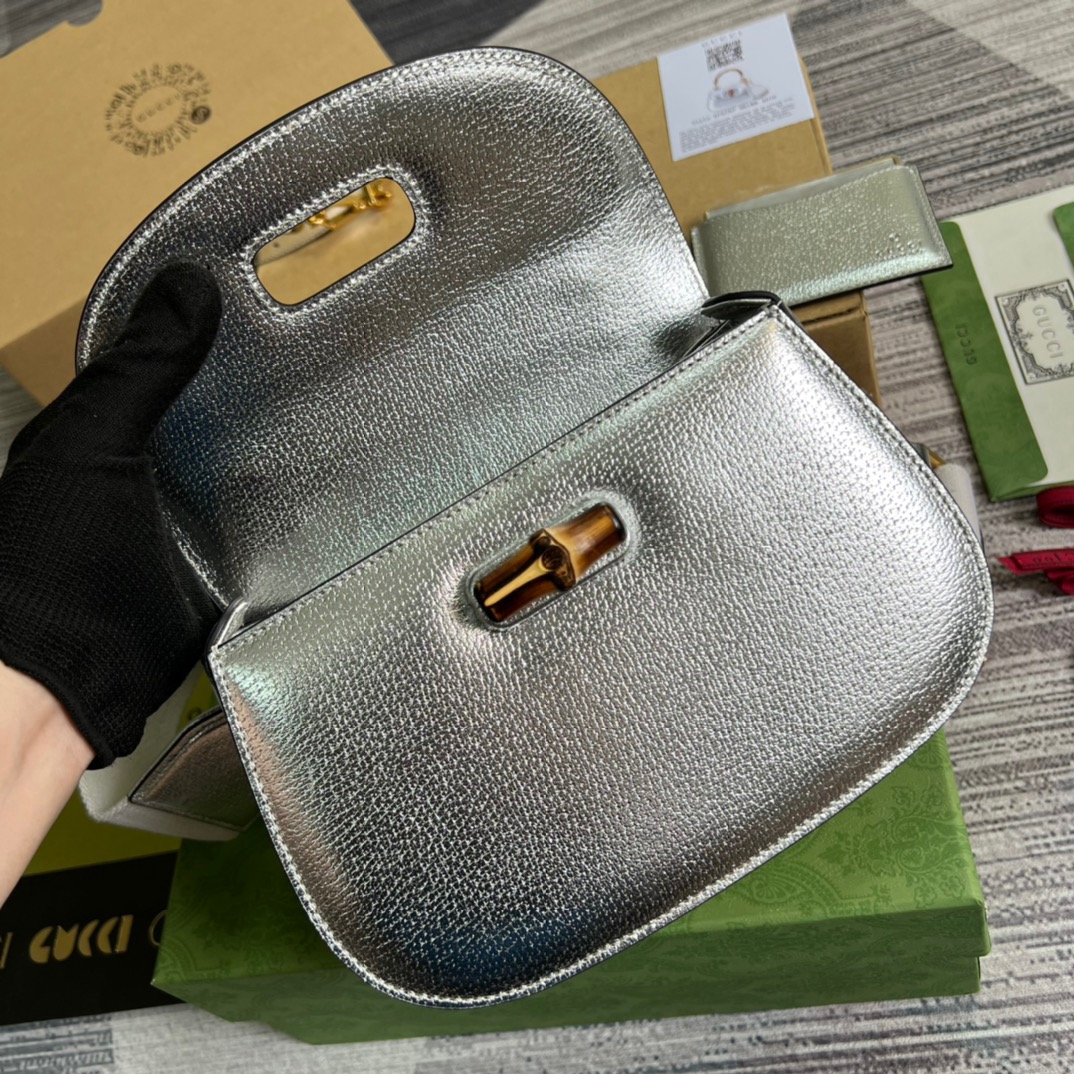 Gucci Bamboo 1947 Medium Top Handle Bag Silver For Women, Women’s Bags 10.2in/26cm GG