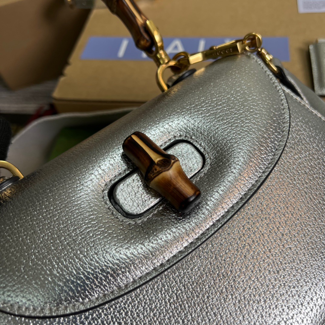 Gucci Bamboo 1947 Medium Top Handle Bag Silver For Women, Women’s Bags 10.2in/26cm GG