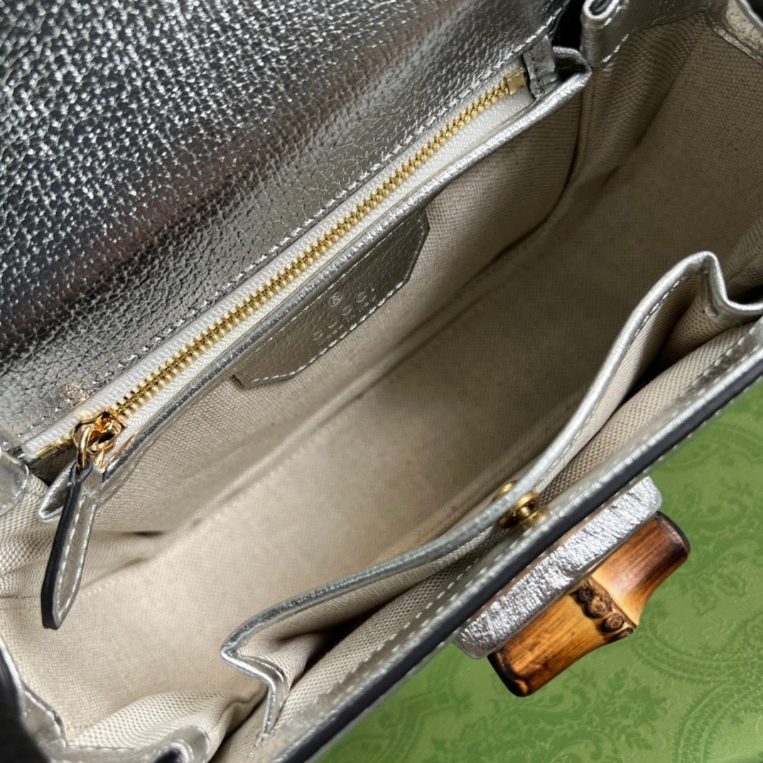 Gucci Bamboo 1947 Medium Top Handle Bag Silver For Women, Women’s Bags 10.2in/26cm GG