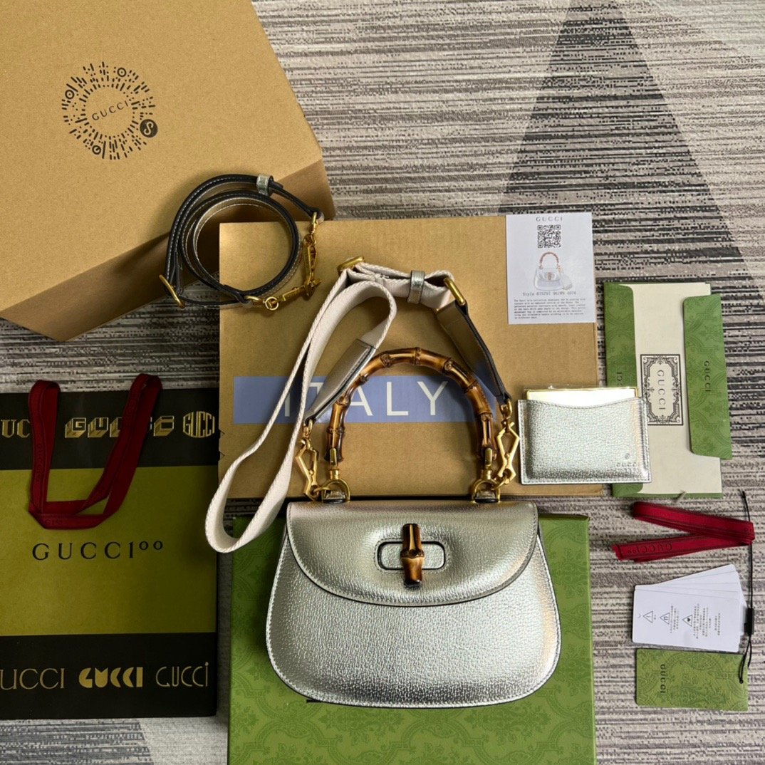 Gucci Bamboo 1947 Medium Top Handle Bag Silver For Women, Women’s Bags 10.2in/26cm GG
