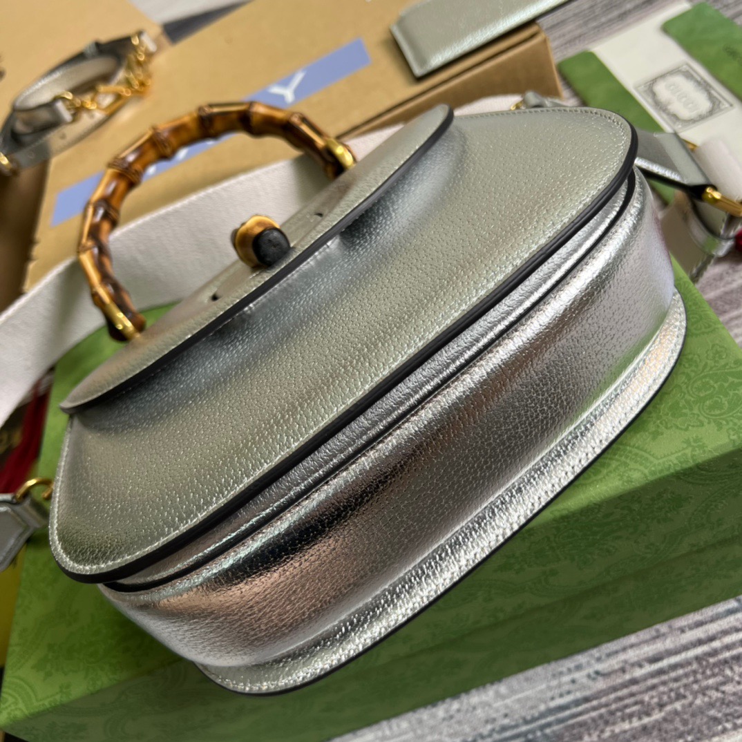 Gucci Bamboo 1947 Medium Top Handle Bag Silver For Women, Women’s Bags 10.2in/26cm GG