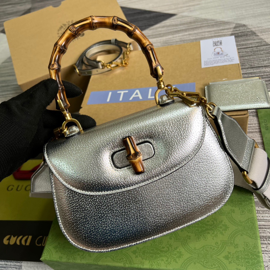 Gucci Bamboo 1947 Medium Top Handle Bag Silver For Women, Women’s Bags 10.2in/26cm GG