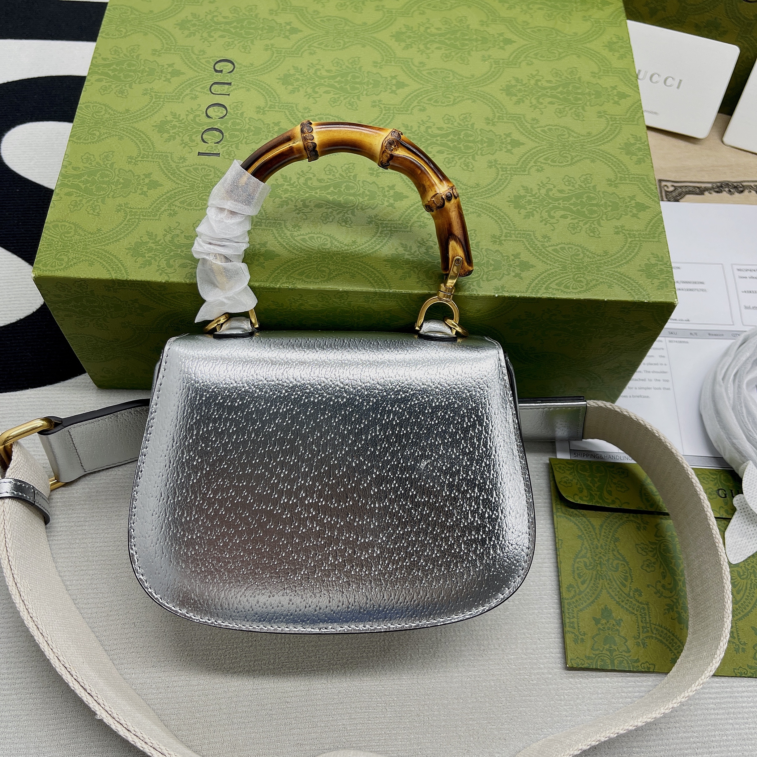 Gucci Bamboo 1947 Mini Top Handle Bag Silver For Women, Women’s Bags 6.7in/17cm GG