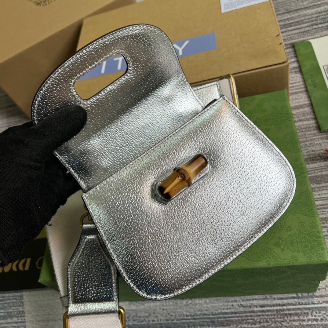 Gucci Bamboo 1947 Mini Top Handle Bag Silver For Women, Women’s Bags 6.7in/17cm GG