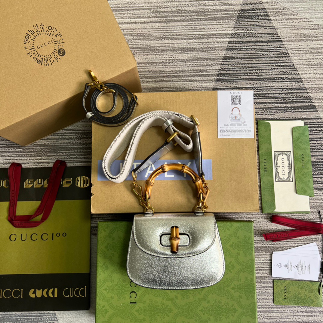 Gucci Bamboo 1947 Mini Top Handle Bag Silver For Women, Women’s Bags 6.7in/17cm GG