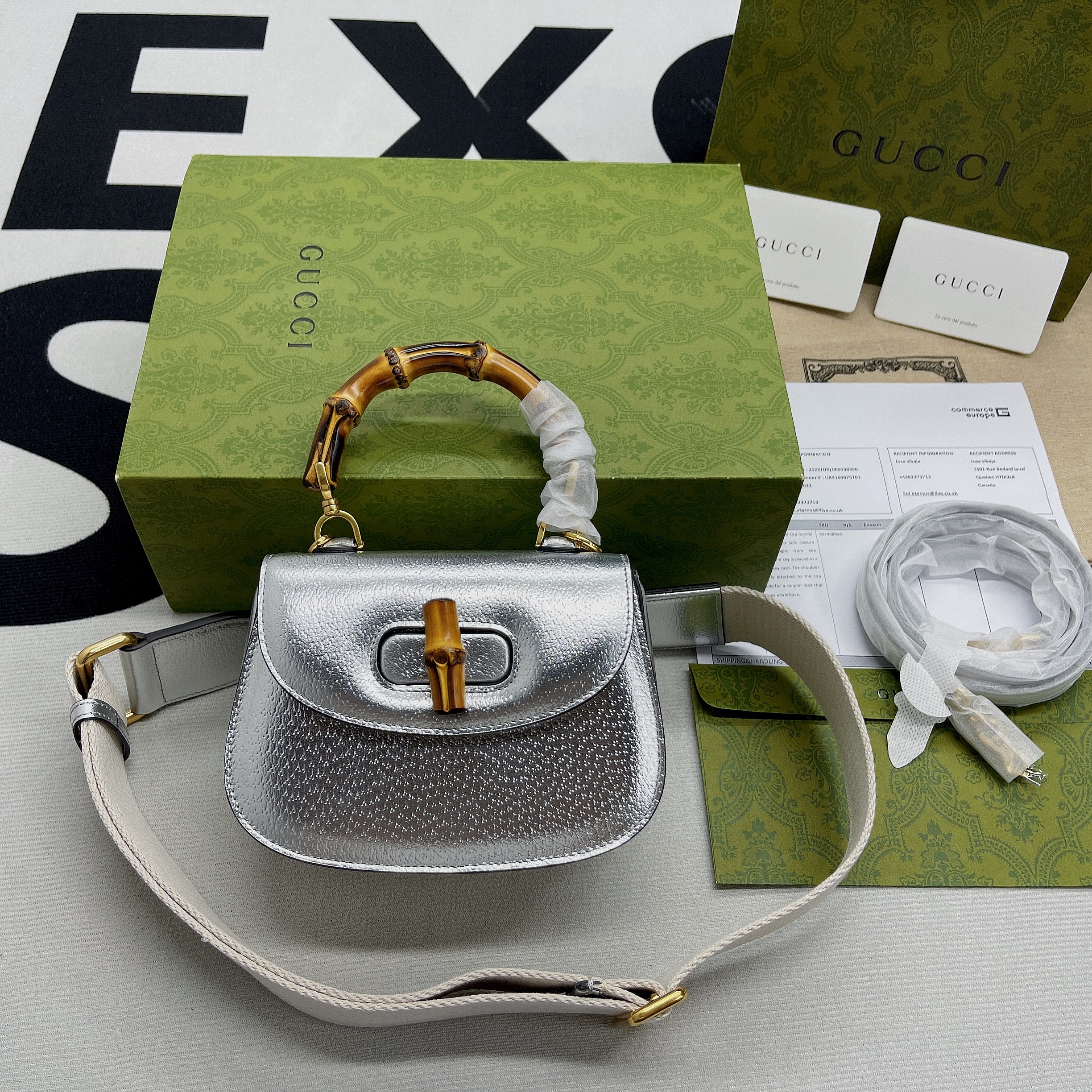 Gucci Bamboo 1947 Mini Top Handle Bag Silver For Women, Women’s Bags 6.7in/17cm GG