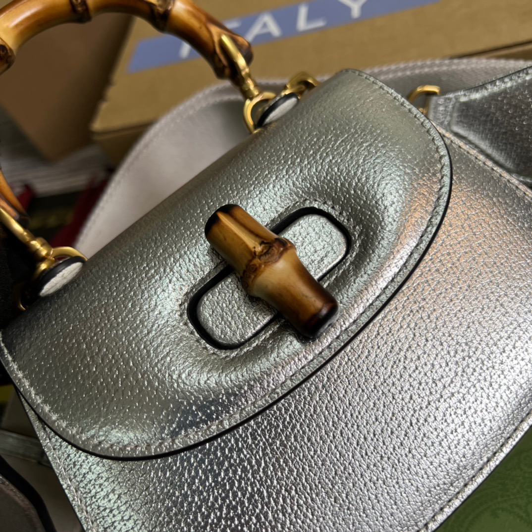 Gucci Bamboo 1947 Mini Top Handle Bag Silver For Women, Women’s Bags 6.7in/17cm GG