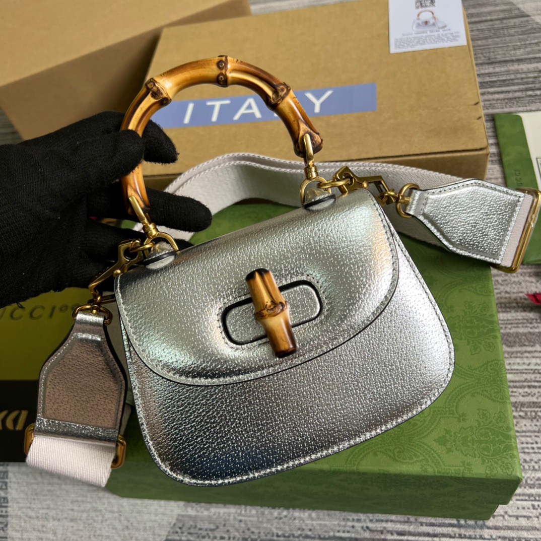 Gucci Bamboo 1947 Mini Top Handle Bag Silver For Women, Women’s Bags 6.7in/17cm GG