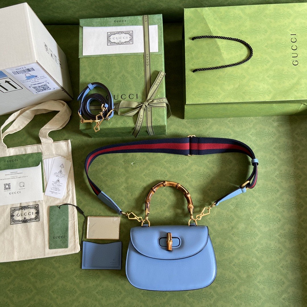 Gucci Bamboo 1947 Small Top Handle Bag Blue For Women 8.3in/21cm GG 675797 10ODT 4371