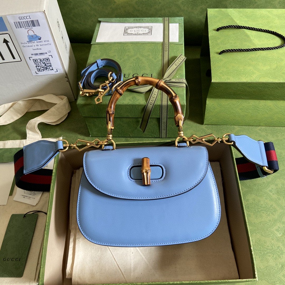 Gucci Bamboo 1947 Small Top Handle Bag Blue For Women 8.3in/21cm GG 675797 10ODT 4371