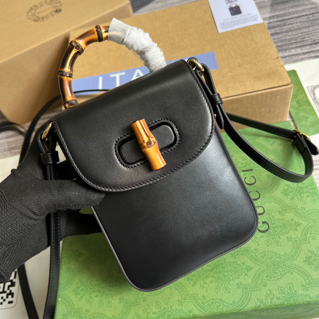 Gucci Bamboo Mini Handbag Black For Women, Women’s Bags 6.2in/16cm GG 702106 UZY0T 1000