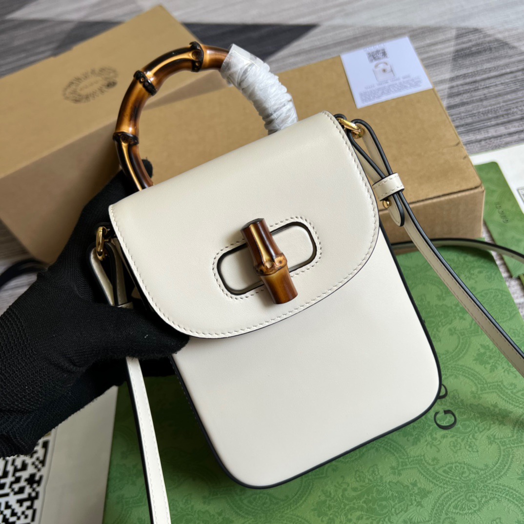 Gucci Bamboo Mini Handbag White For Women, Women’s Bags 6.2in/16cm GG 702106 UZY0T 9022