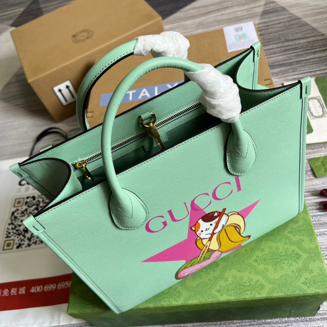 Gucci Bananya Print Small Tote Green For Women, Women’s Bags 12.2in/31cm GG 659983AG 3067