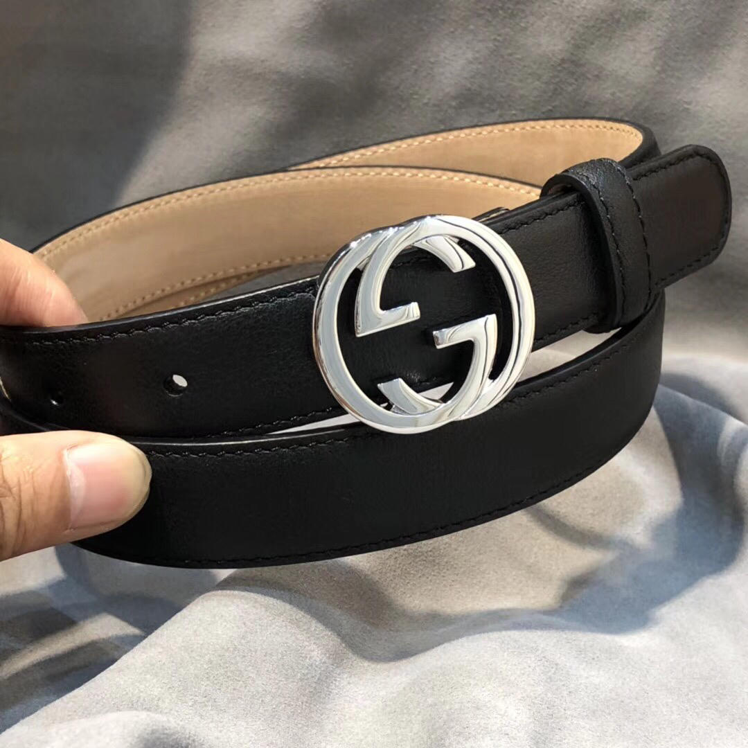 Gucci Belt With Interlocking G Buckle Black/Cream GG, Women Belt 370717