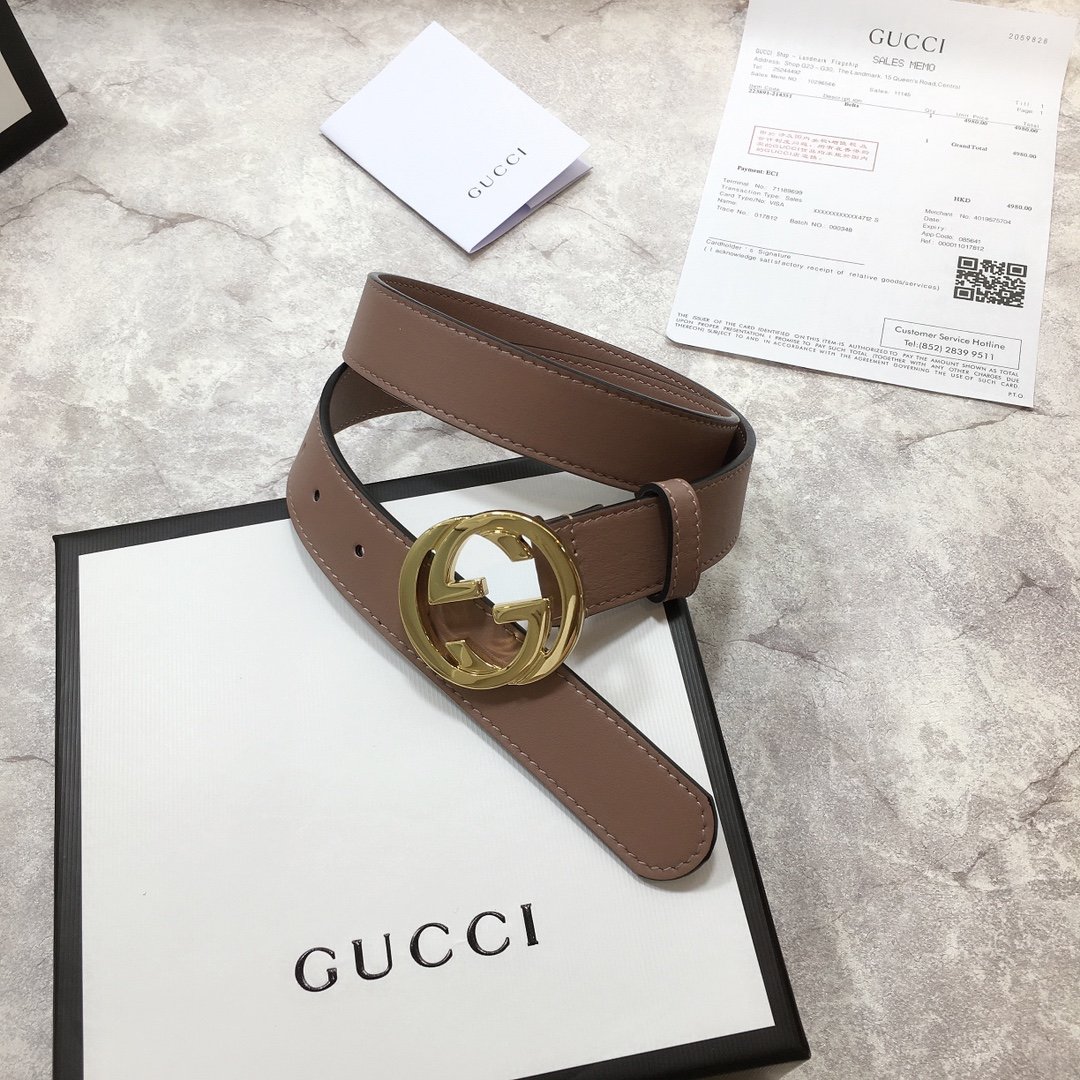 Gucci Belt With Interlocking G Buckle Brown GG, Women Belt 370717