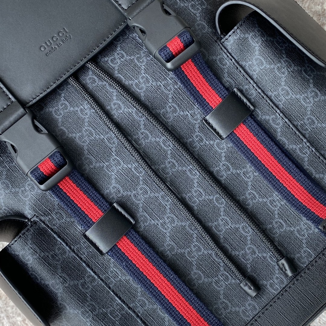 Gucci Black Backpack Black/Grey Soft GG Supreme Blue And Red Web For Men 16.5in/42cm 495563R8X 1071