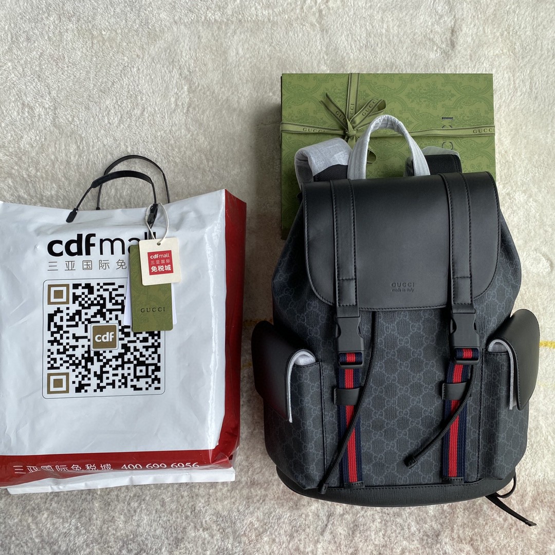 Gucci Black Backpack Black/Grey Soft GG Supreme Blue And Red Web For Men 16.5in/42cm 495563R8X 1071