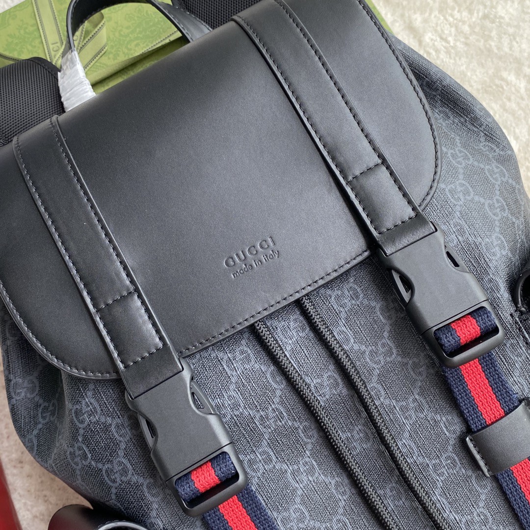 Gucci Black Backpack Black/Grey Soft GG Supreme Blue And Red Web For Men 16.5in/42cm 495563R8X 1071