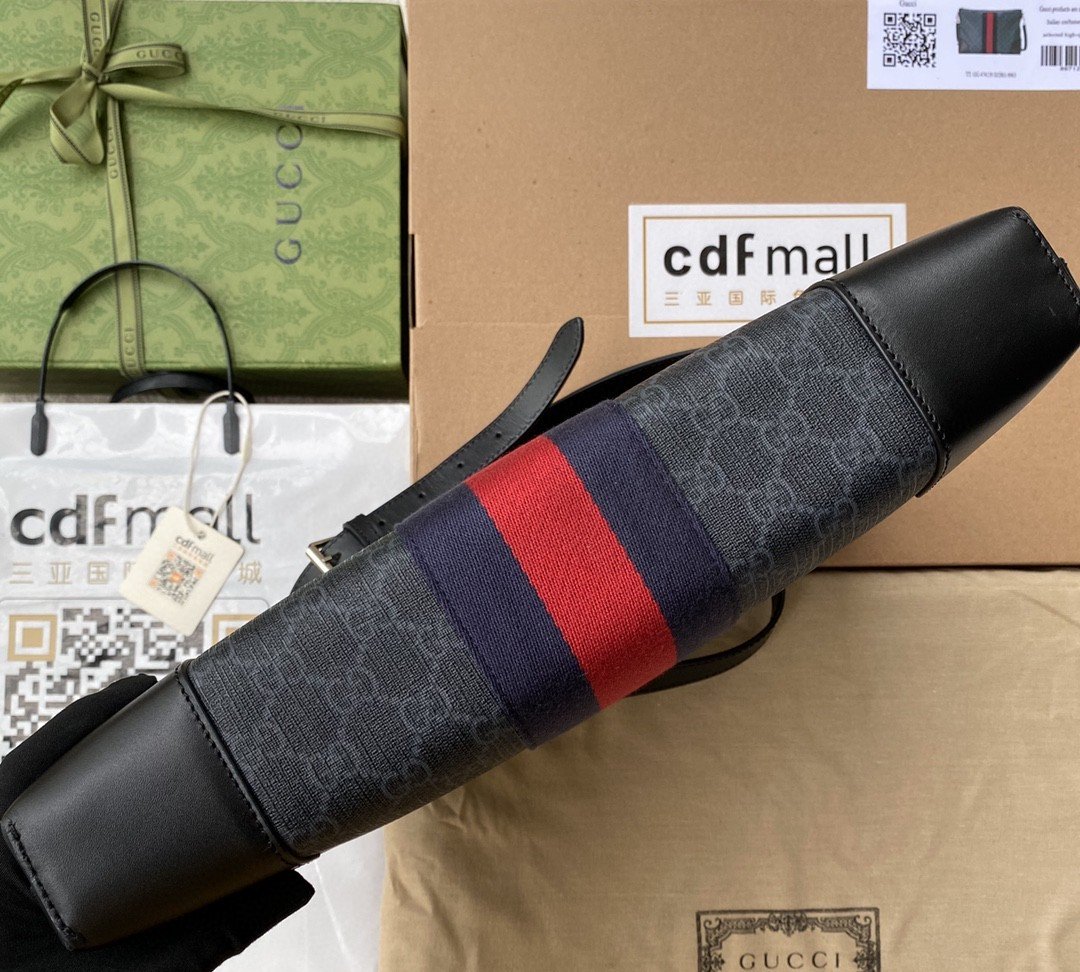 Gucci Black Messenger Black/Grey GG Supreme Canvas Blue And Red Web For Men 14in/35cm 474139ICN 1095