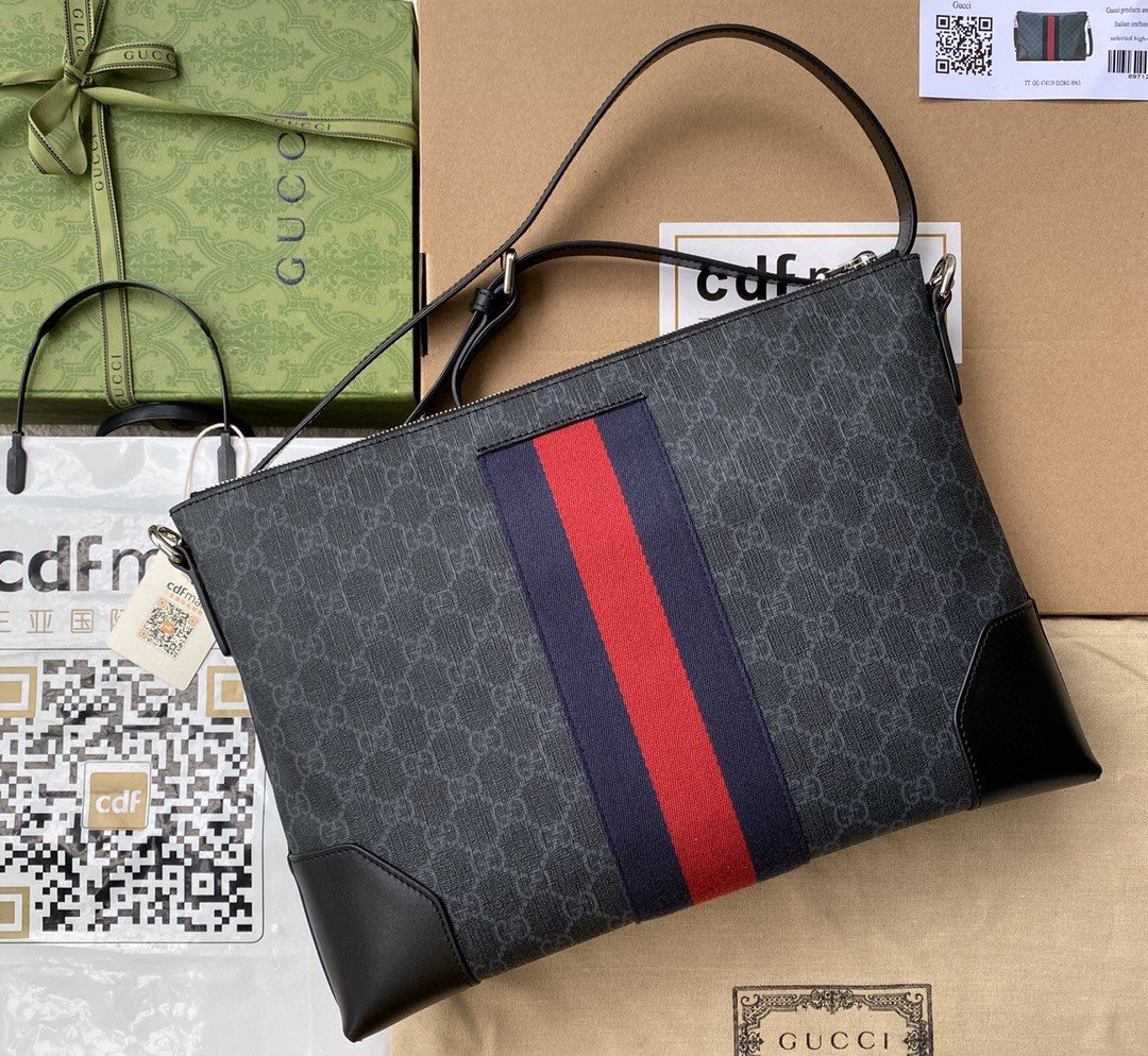 Gucci Black Messenger Black/Grey GG Supreme Canvas Blue And Red Web For Men 14in/35cm 474139ICN 1095