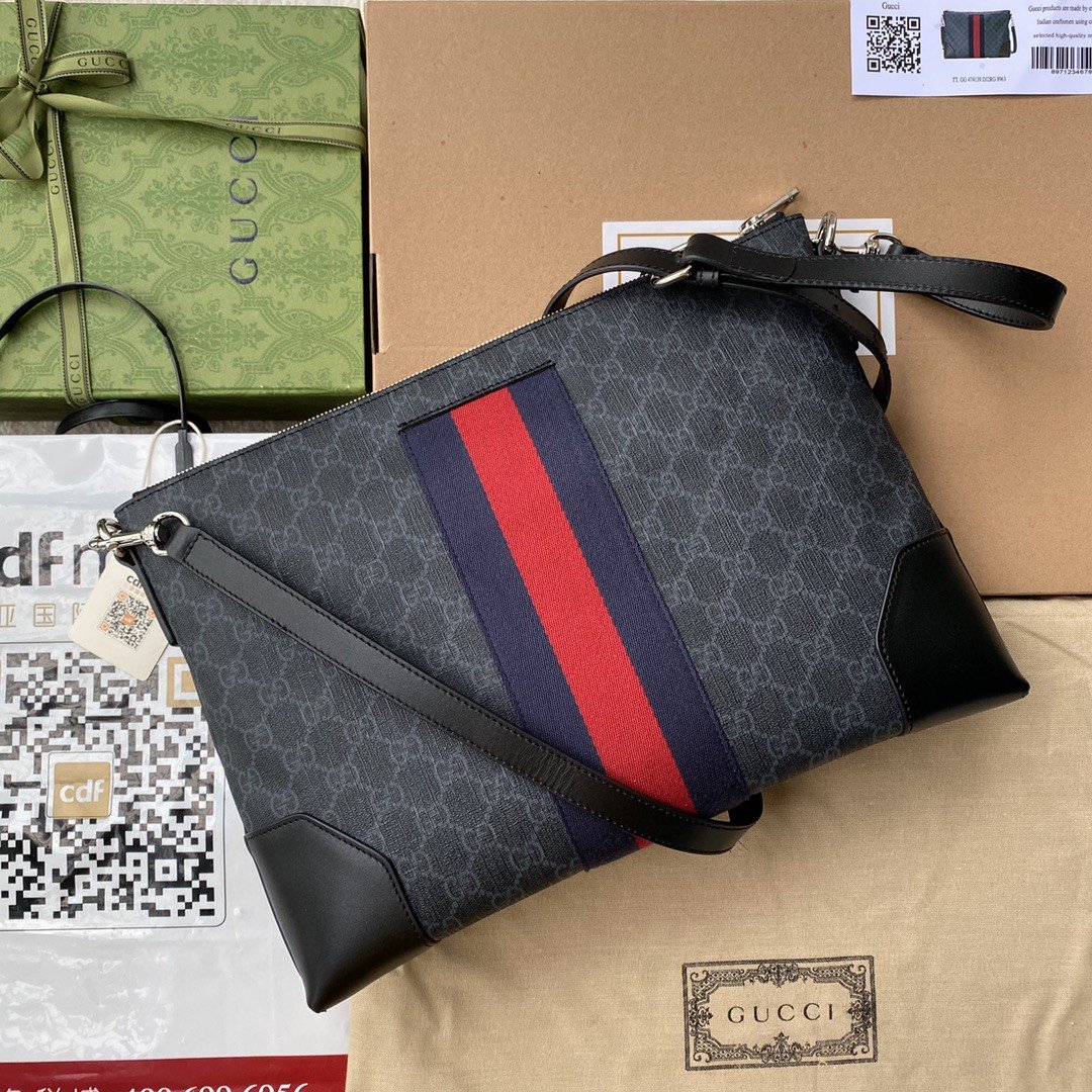 Gucci Black Messenger Black/Grey GG Supreme Canvas Blue And Red Web For Men 14in/35cm 474139ICN 1095