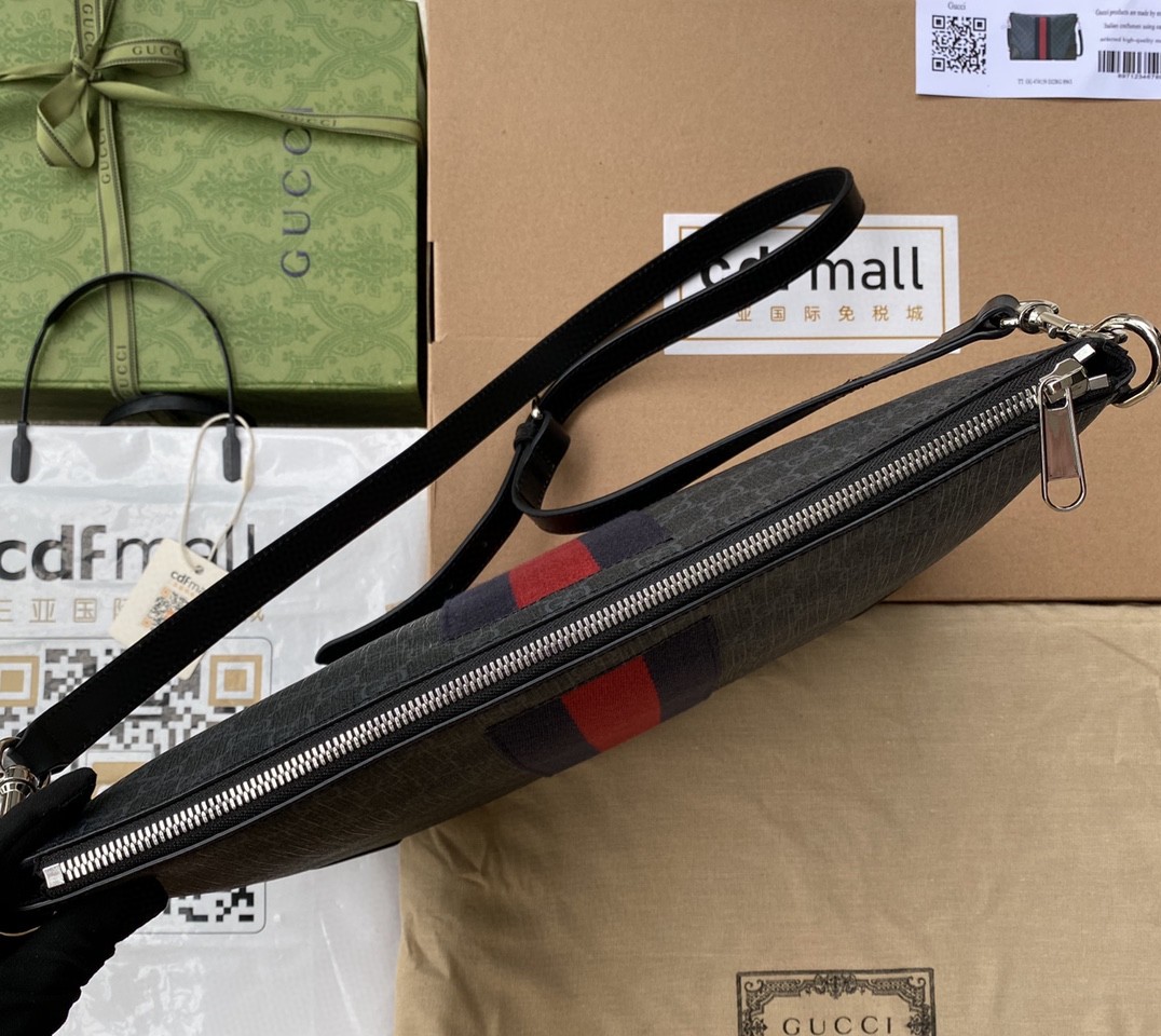 Gucci Black Messenger Black/Grey GG Supreme Canvas Blue And Red Web For Men 14in/35cm 474139ICN 1095