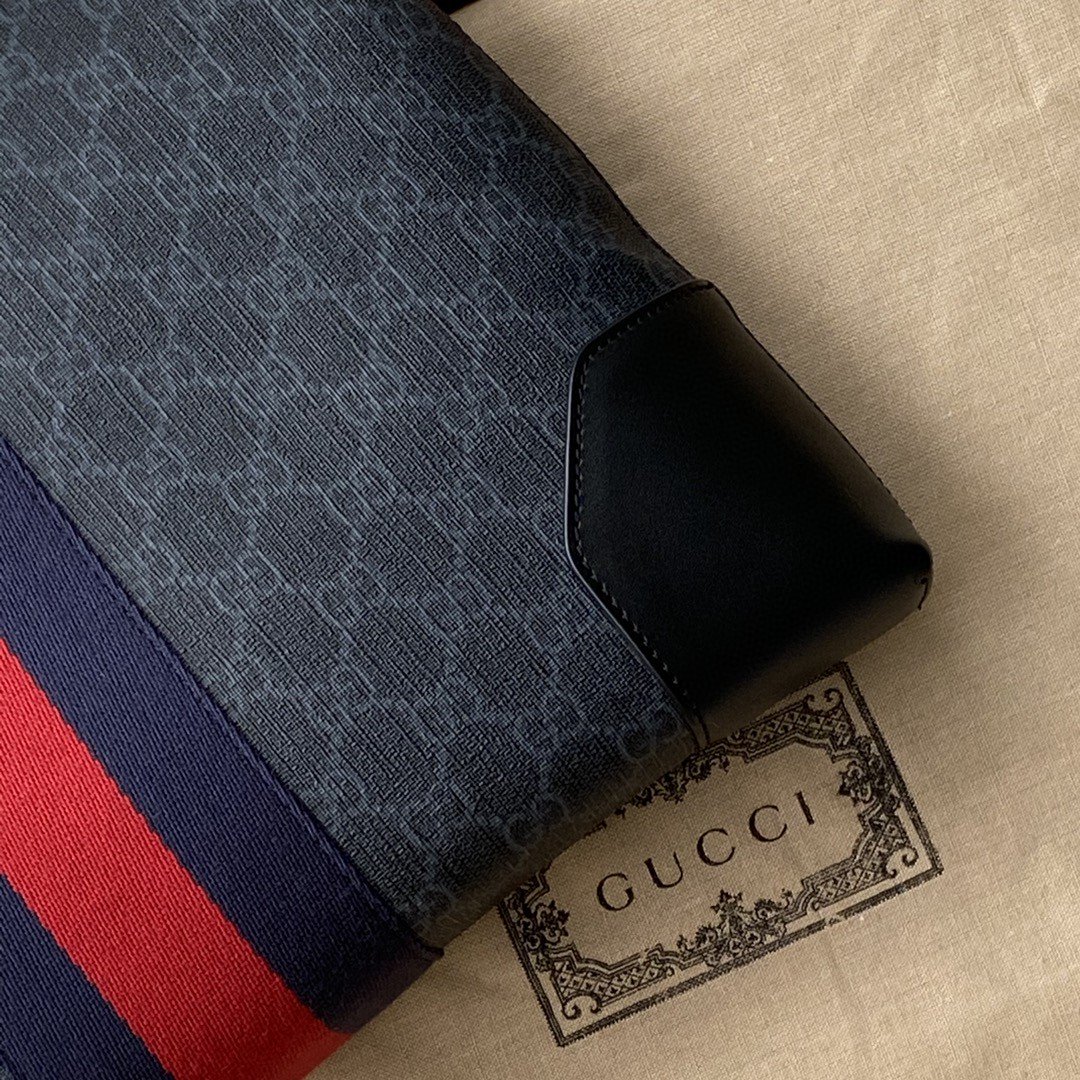 Gucci Black Messenger Black/Grey GG Supreme Canvas Blue And Red Web For Men 14in/35cm 474139ICN 1095