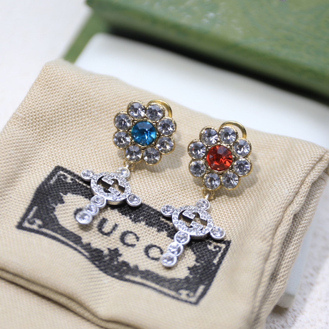 Gucci Blue And Red Stone Earrings Gold Tone For Women