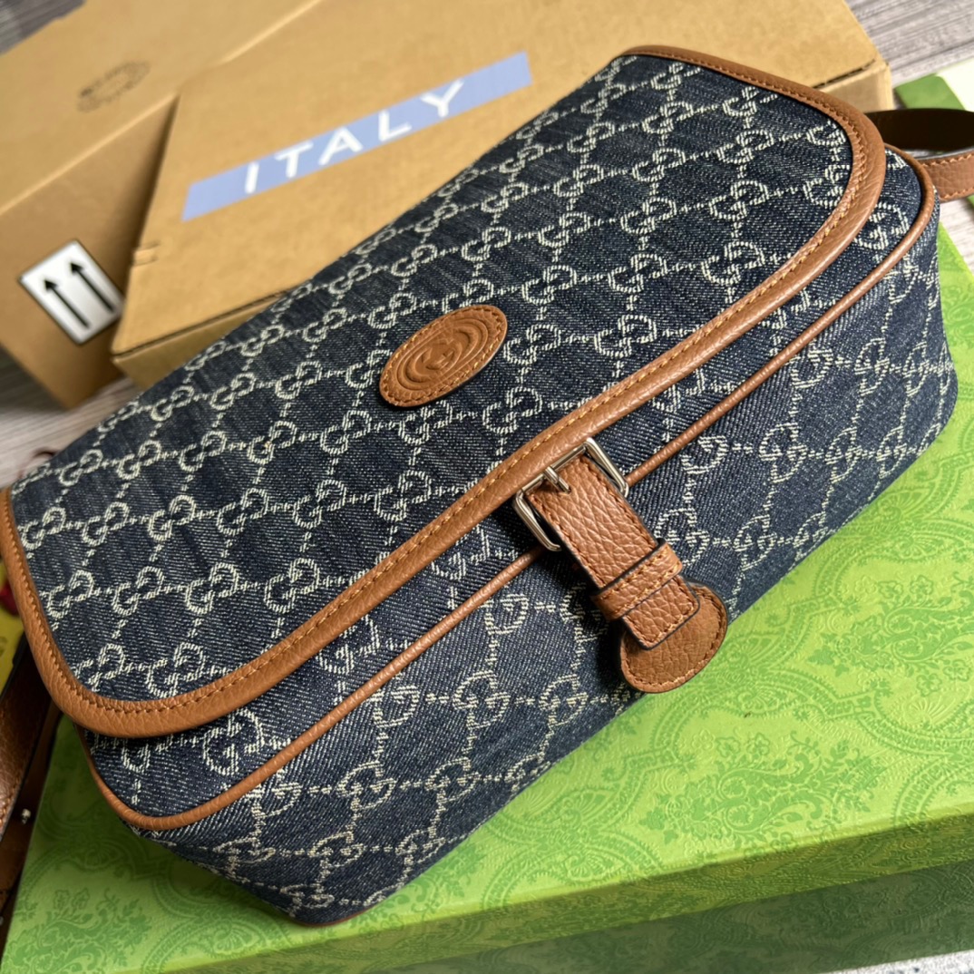 Gucci Children’s GG  Messenger Bag Dark Blue And Ivory Eco Washed Organic GG Jacquard Denim For Women  11.4in/29cm GG