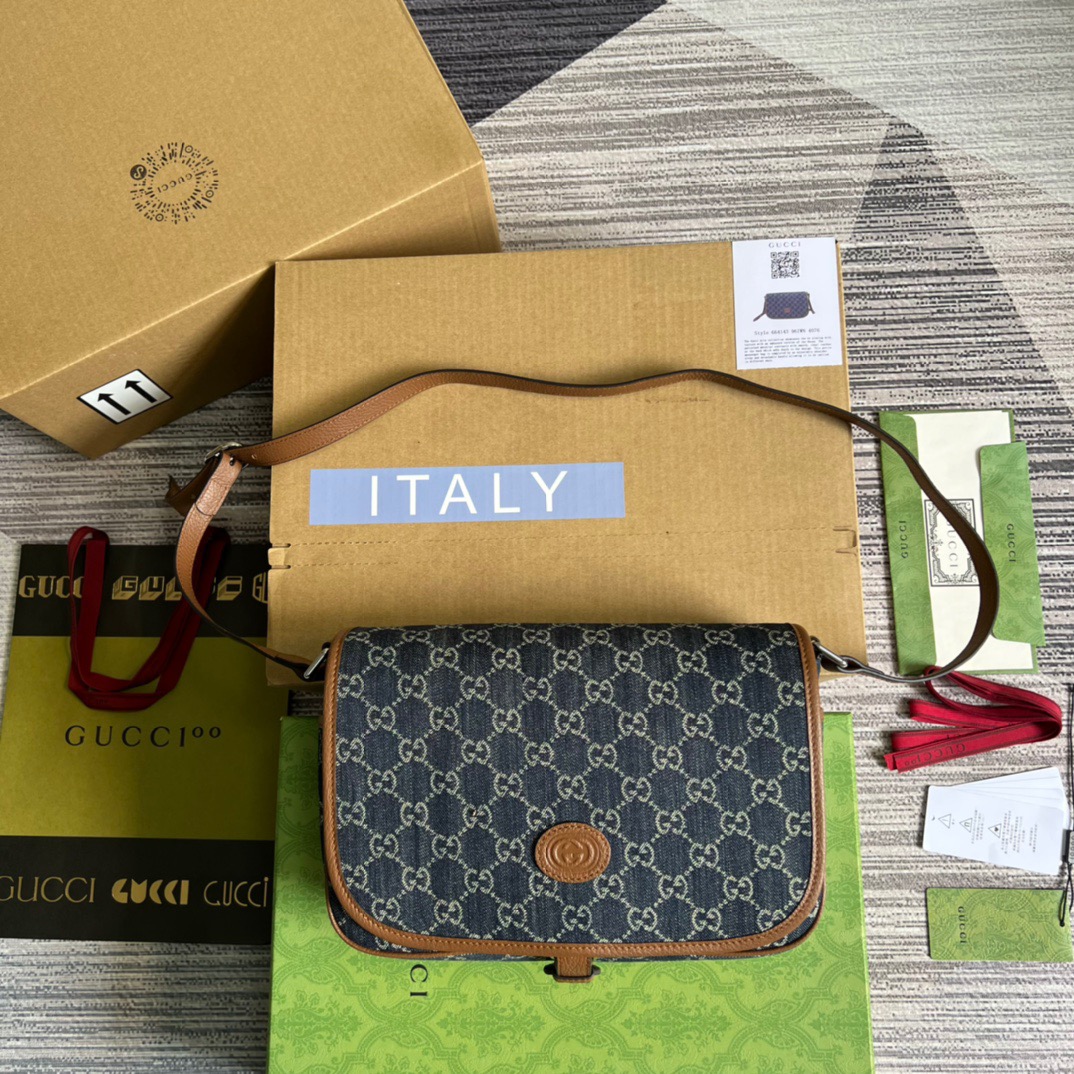 Gucci Children’s GG  Messenger Bag Dark Blue And Ivory Eco Washed Organic GG Jacquard Denim For Women  11.4in/29cm GG