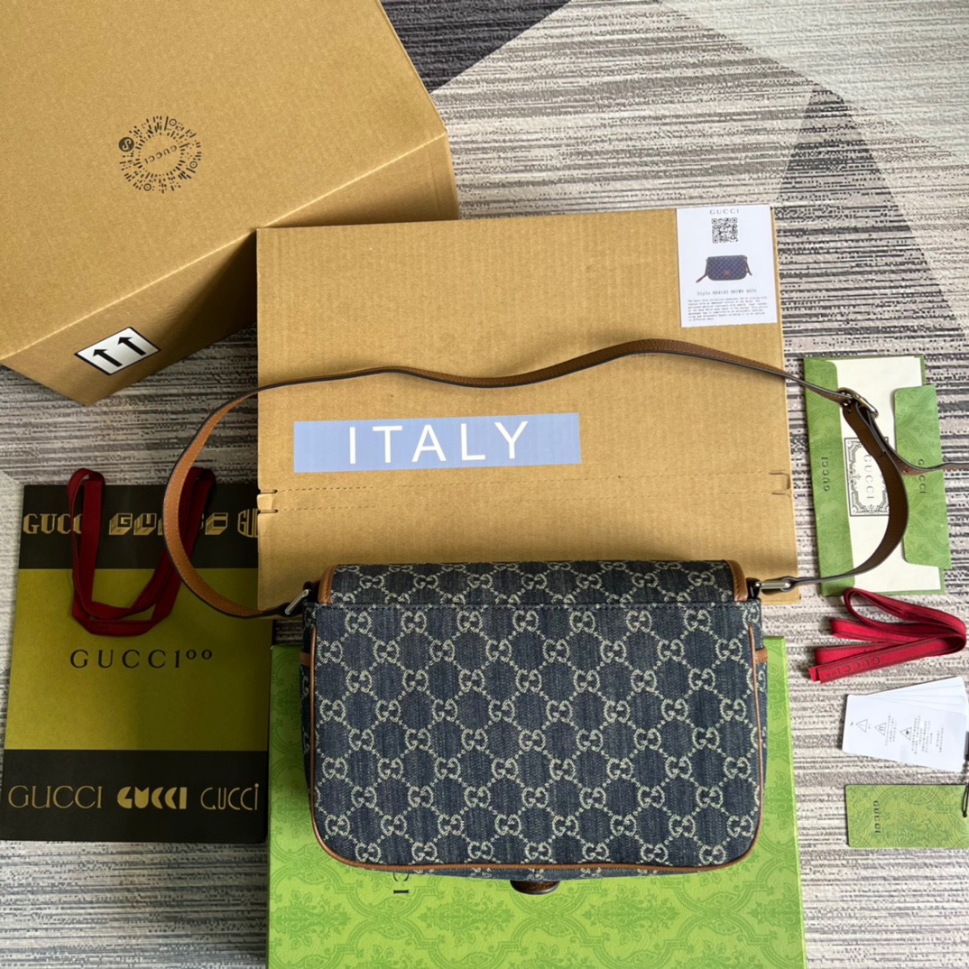 Gucci Children’s GG  Messenger Bag Dark Blue And Ivory Eco Washed Organic GG Jacquard Denim For Women  11.4in/29cm GG