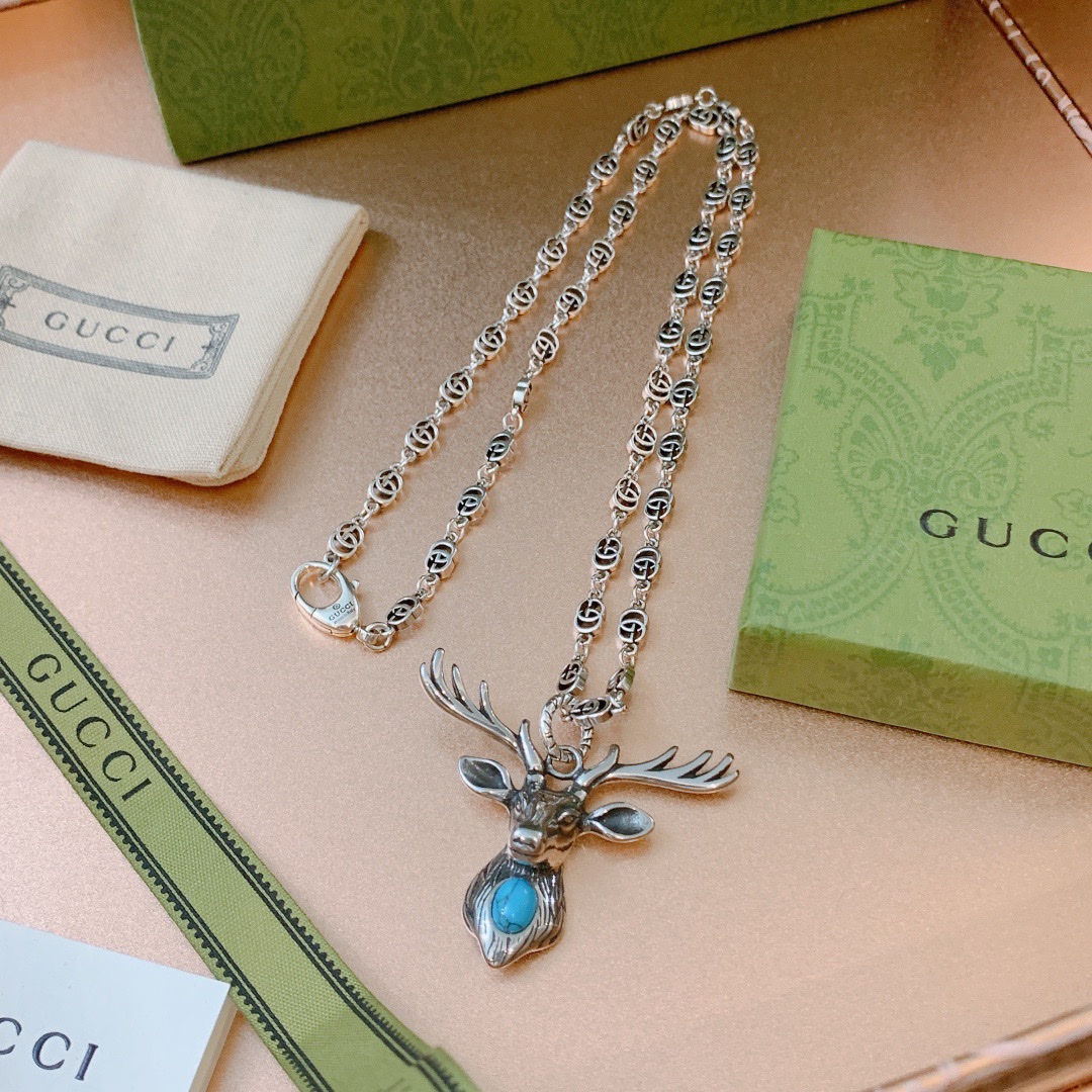 Gucci Deer Head Necklace Silver Tone For Women