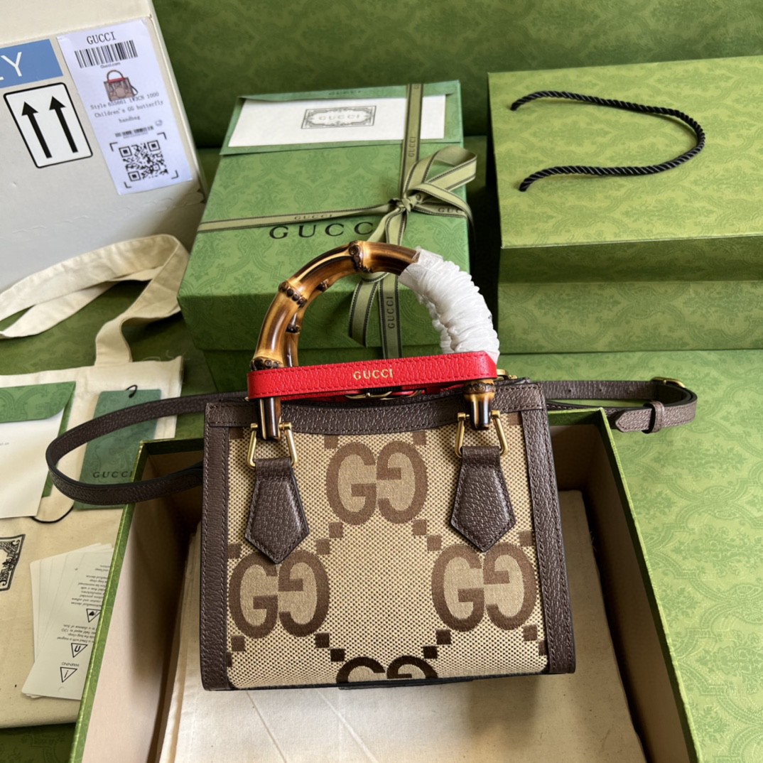 Gucci Diana Jumbo GG Mini Tote Bag Camel And Ebony Jumbo GG Canvas Brown For Women 7.9in/20cm 655661 UKMFT 2672