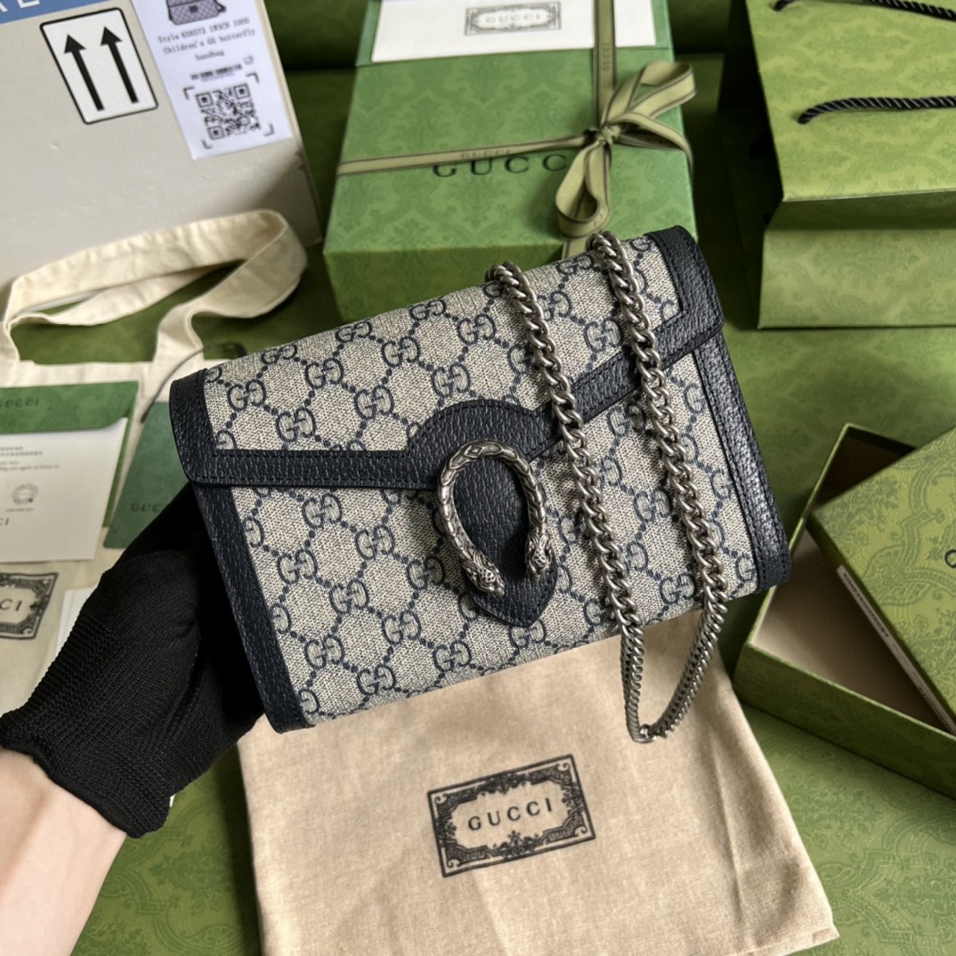Gucci Dionysus GG Chain Wallet Beige And Blue Supreme Canvas For Women 8in/20cm 401231GSN 4075
