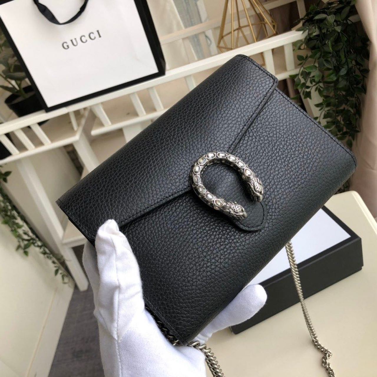 Gucci Dionysus Mini Chain Bag Black Metal-Free Tanned For Women 8in/20cm GG 401231 CAOGN 8176